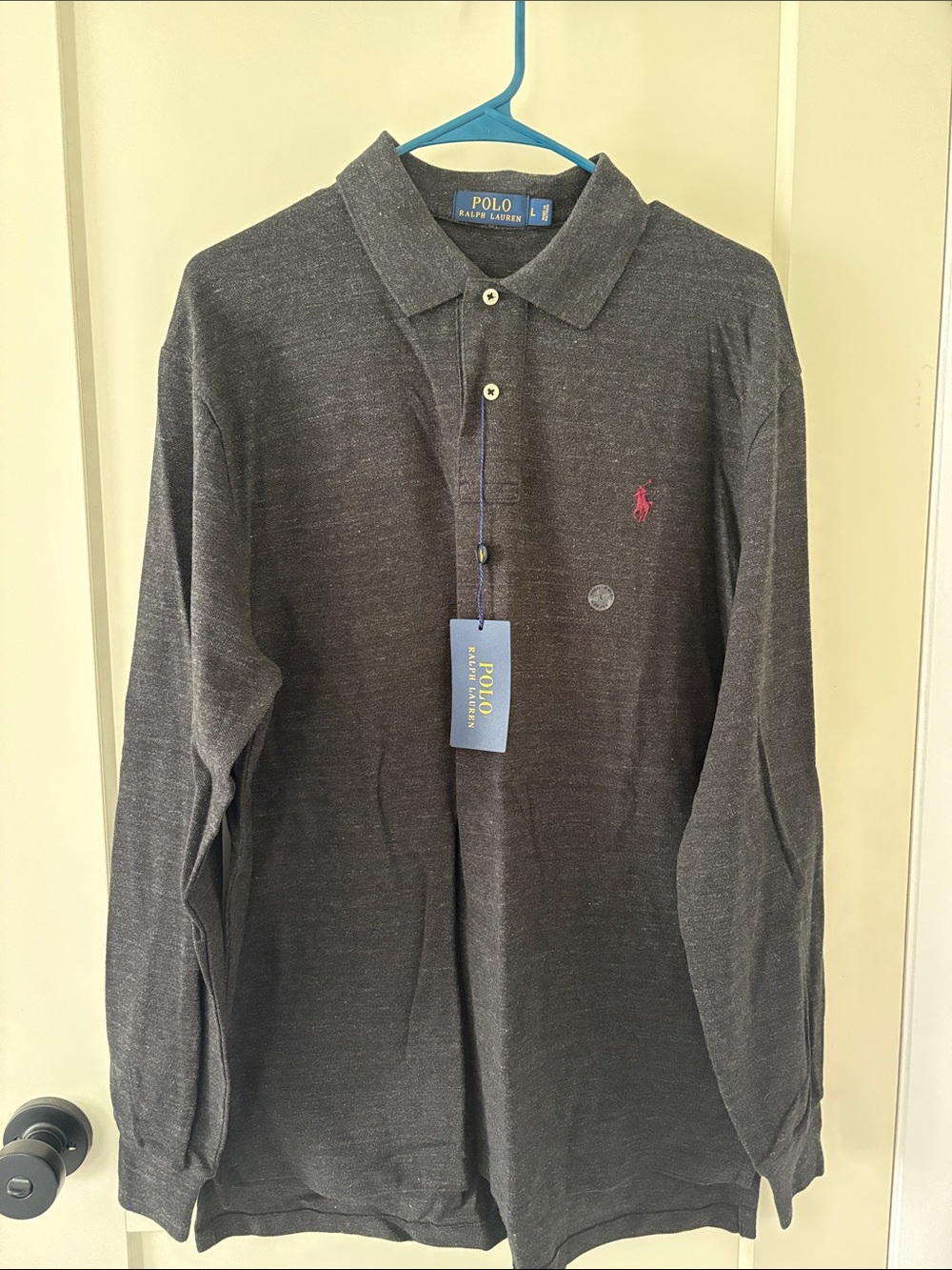 NWT Men’s Large Ralph Lauren Long-Sleeve Polo Shirt in Dark Gray with Red Pony
